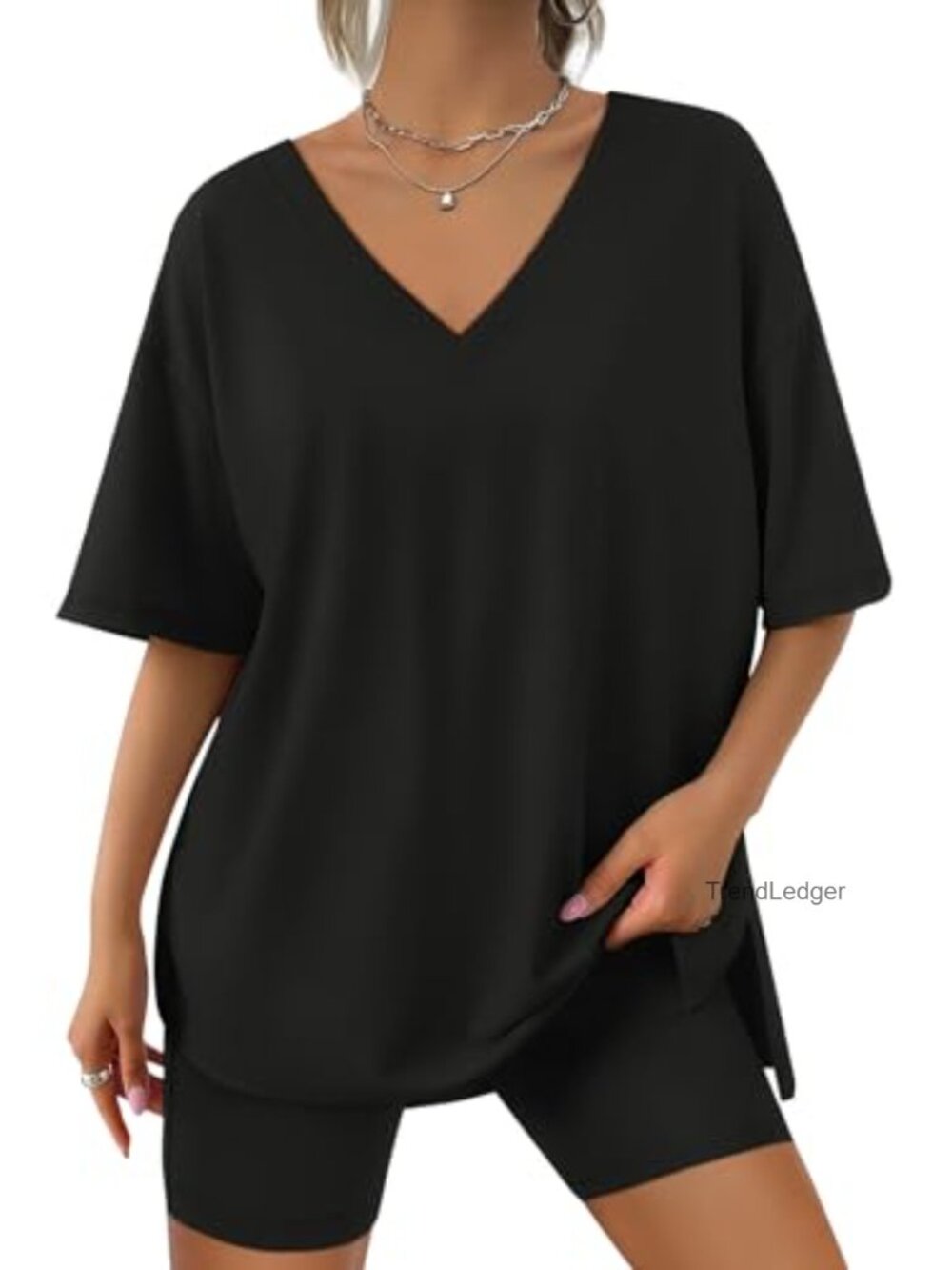 Women Two Piece Short Set Cotton Spandex V-Neck Tee High Waisted Lounge